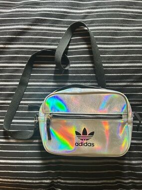 adidas Holographic Silver Crossbody Bag with Black Strap